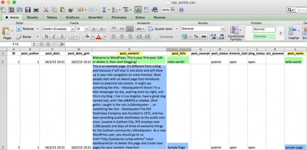 WordPress content csv excel