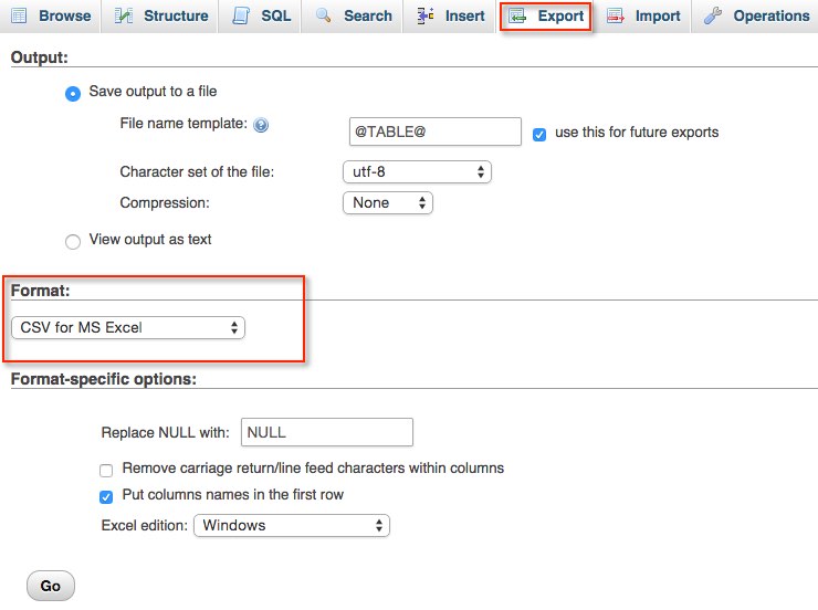 phpmyadmin csv excel export